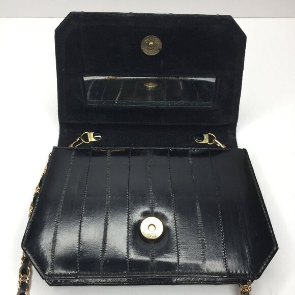 Vintage Genuine Eel Skin Leather Black Evening Purse Handbag Mirror Chain Strap - Picture 3 of 14